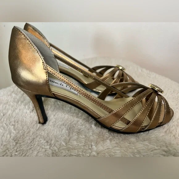 NIB touch ups Gemini bronze open toe heels NWT 7.5 size 7 1/2 - Picture 1 of 5